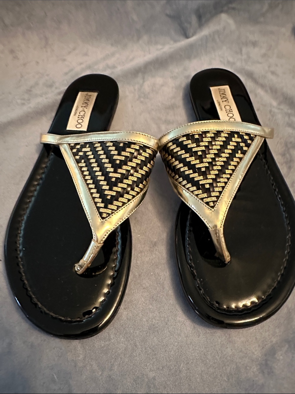 Jimmy Choo Metallic Gold and Black Woven Thong Sandals 37.5/7.5